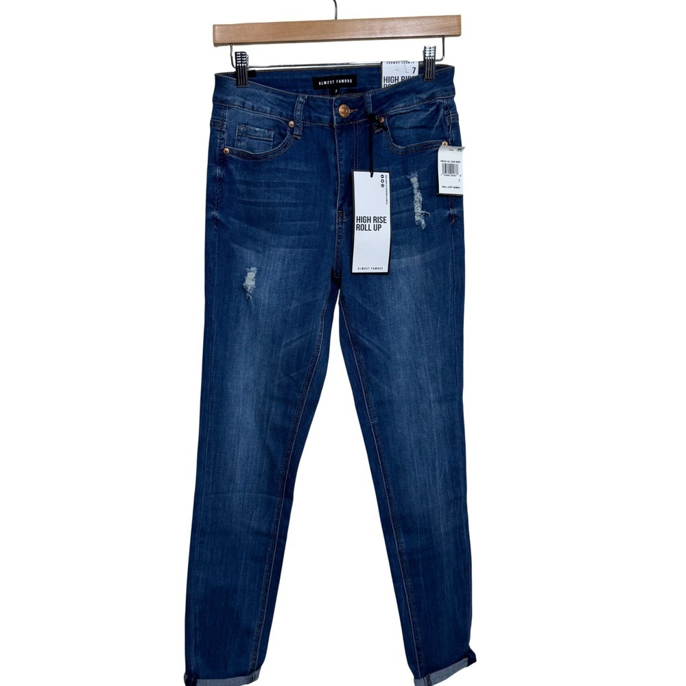 Almost Famous Womens High Rise Roll Up Distressed Skinny Jeans Size 7 Dark Wash
